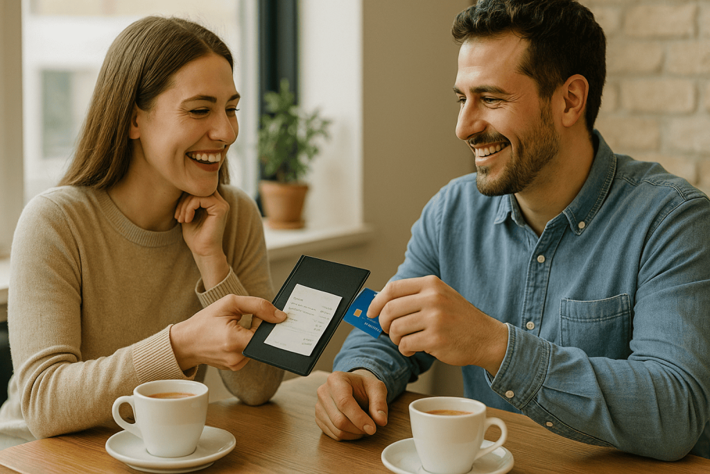 Couple splitting a café bill together, representing healthy financial boundaries in dating.