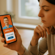 Person looking at a smartphone with a dating app and a suspicious payment request, symbolizing financial traps in online dating.