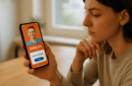 Person looking at a smartphone with a dating app and a suspicious payment request, symbolizing financial traps in online dating.