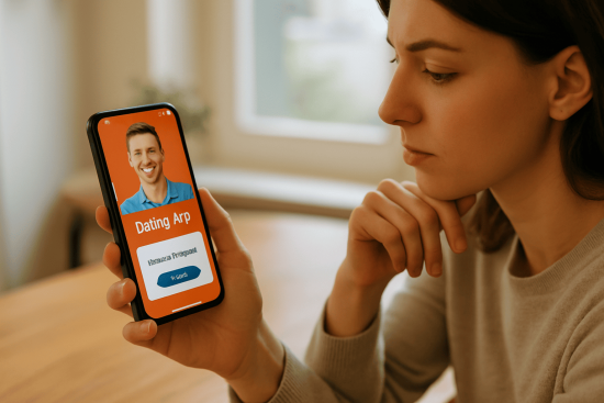 Person looking at a smartphone with a dating app and a suspicious payment request, symbolizing financial traps in online dating.