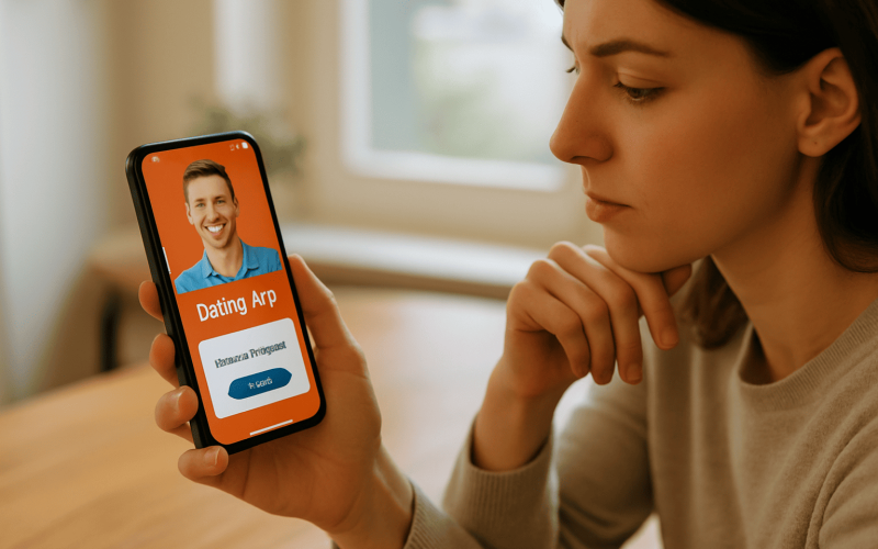 Person looking at a smartphone with a dating app and a suspicious payment request, symbolizing financial traps in online dating.