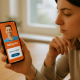 Person looking at a smartphone with a dating app and a suspicious payment request, symbolizing financial traps in online dating.