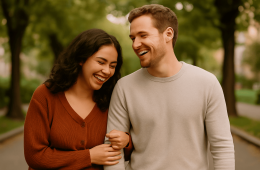 Couple laughing naturally while walking outdoors, representing authenticity in dating.