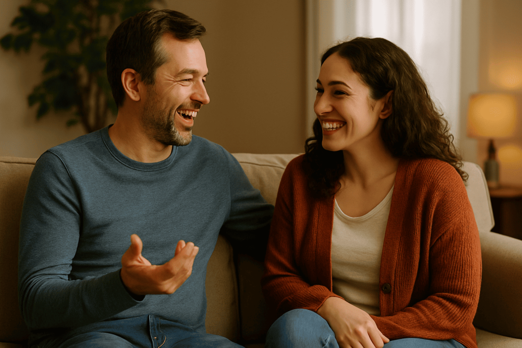 Couple sitting on a couch, sharing stories and laughing, symbolizing authenticity in dating conversations.