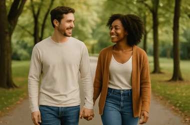 Couple walking hand-in-hand on a peaceful path, representing stability and lasting love.