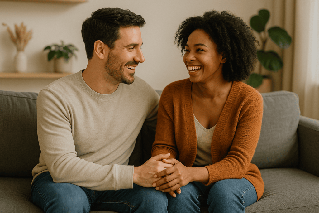Couple sitting together at home having a heartfelt conversation, symbolizing relationship stability.