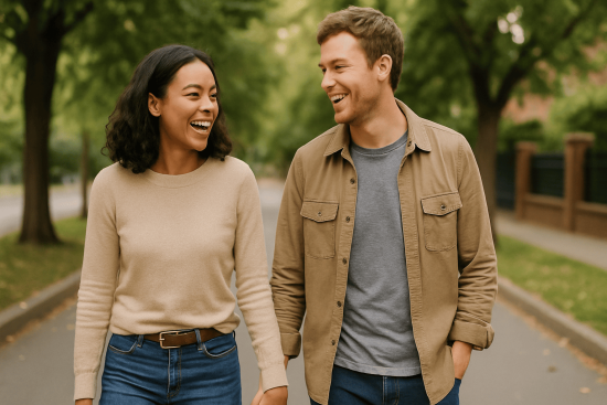 Couple walking outdoors hand-in-hand, symbolizing compatibility and authentic love.