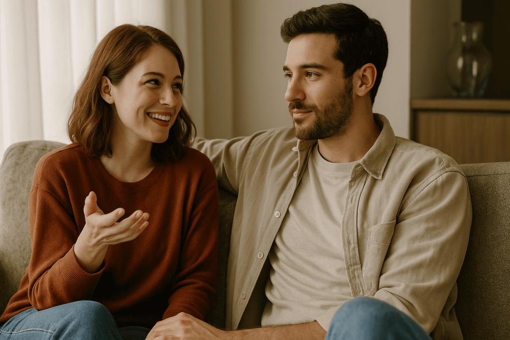 Couple sitting on a couch, listening and smiling, representing acceptance and compatibility in relationships.