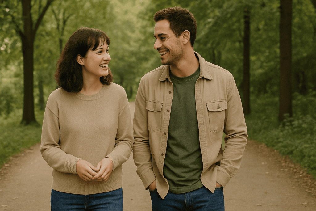 Couple walking outdoors on a tree-lined path, representing relaxed, low-pressure dating for introverts.