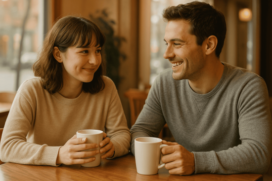Couple enjoying a quiet coffee shop date, representing comfortable and introvert-friendly dating.