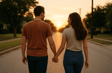 Couple walking hand-in-hand at sunset, representing the transition from situationship to serious love.