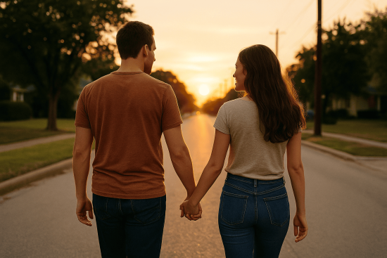 Couple walking hand-in-hand at sunset, representing the transition from situationship to serious love.