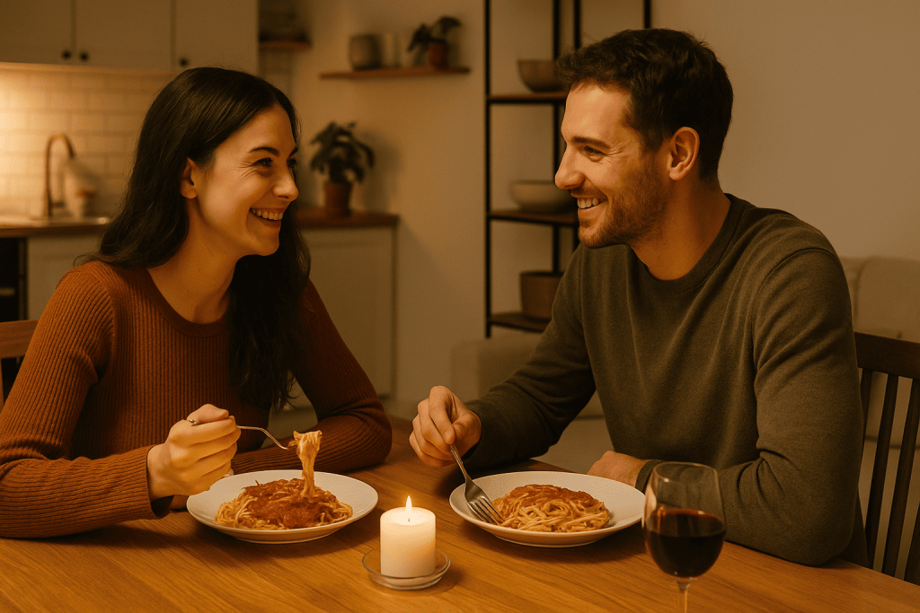 Couple sharing dinner at home, representing quality time while maintaining separate living spaces.