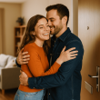 Couple hugging goodbye at the doorway, symbolizing delayed cohabitation and healthy space in relationships.