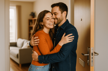 Couple hugging goodbye at the doorway, symbolizing delayed cohabitation and healthy space in relationships.