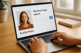Hands on a laptop performing reverse image search on a profile photo for online dating safety.
