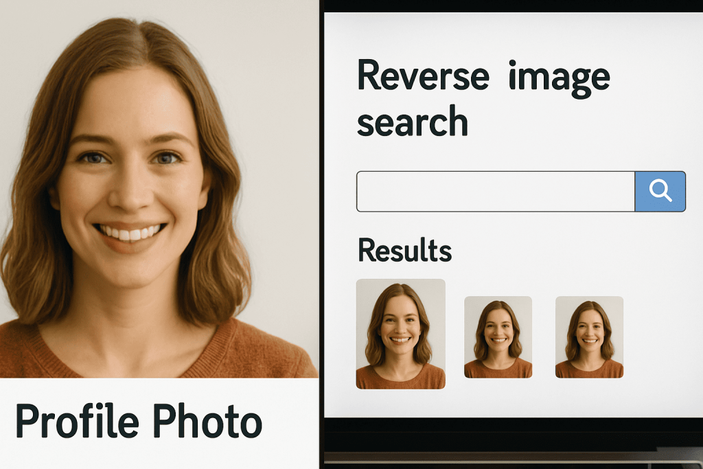 Laptop screen showing a dating profile photo alongside reverse image search results, symbolizing verification and safety in online dating.