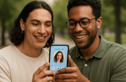 Two diverse individuals smiling while looking at a phone, symbolizing inclusivity in LGBTQ+ dating apps.