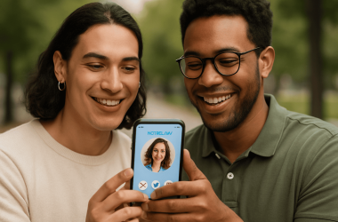 Two diverse individuals smiling while looking at a phone, symbolizing inclusivity in LGBTQ+ dating apps.