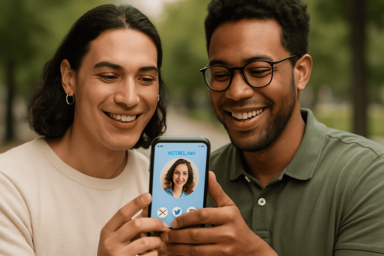 Two diverse individuals smiling while looking at a phone, symbolizing inclusivity in LGBTQ+ dating apps.