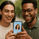Two diverse individuals smiling while looking at a phone, symbolizing inclusivity in LGBTQ+ dating apps.