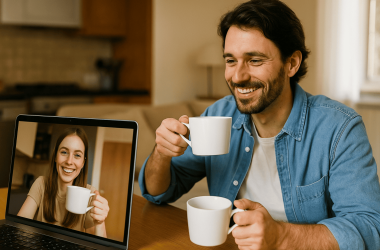 Couple on a video call holding coffee mugs, symbolizing virtual connection in long-distance relationships.