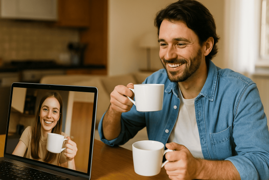 Couple on a video call holding coffee mugs, symbolizing virtual connection in long-distance relationships.