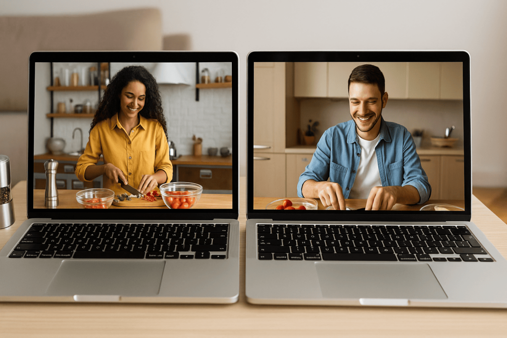 Two laptops showing a couple cooking together virtually, representing creative virtual date ideas.
