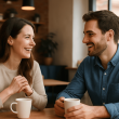 “Couple smiling and laughing together at a café table during a first date, symbolizing meaningful micro-moments.