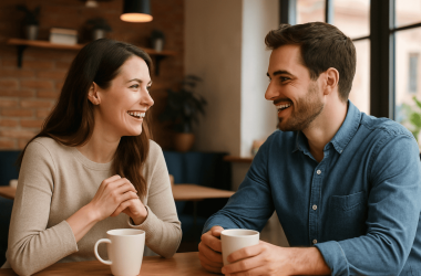 “Couple smiling and laughing together at a café table during a first date, symbolizing meaningful micro-moments.