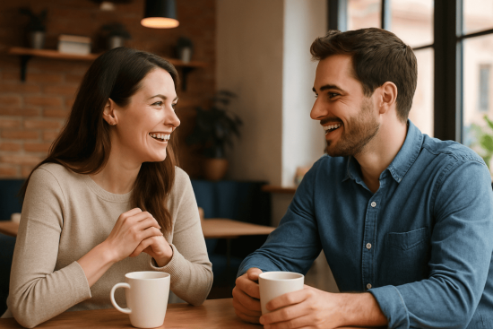 “Couple smiling and laughing together at a café table during a first date, symbolizing meaningful micro-moments.