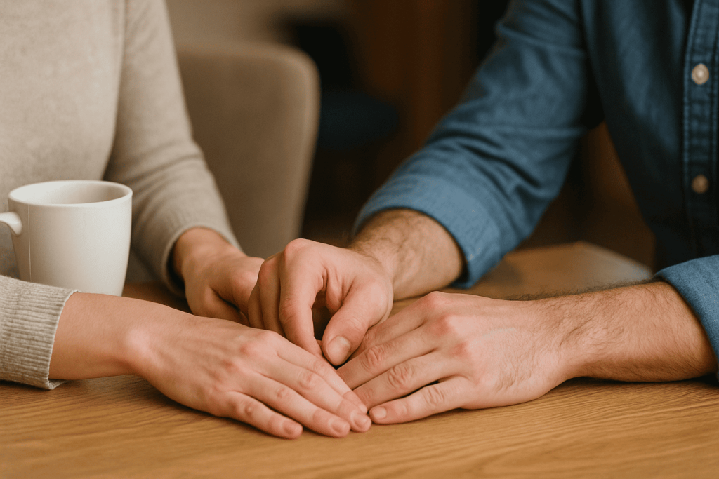 Close-up of two people’s hands at a café table, symbolizing small acts that build connection on first dates.