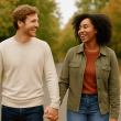 Couple walking hand-in-hand outdoors, smiling and laughing, representing loyalty and emotional connection.