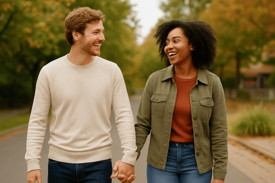 Couple walking hand-in-hand outdoors, smiling and laughing, representing loyalty and emotional connection.