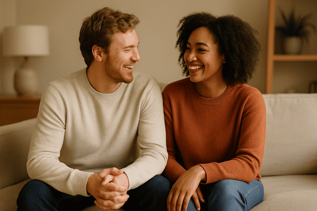 Couple sitting together on a couch, smiling warmly, representing tenderness and emotional safety in dating.