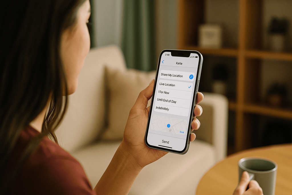 Woman sharing live location with a friend before a date, symbolizing safe practices for offline meetings.