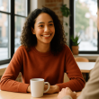 Person meeting a date at a café in a public setting, representing safe offline dating practices.
