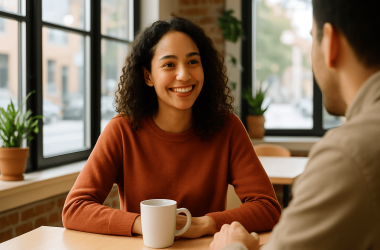 Person meeting a date at a café in a public setting, representing safe offline dating practices.