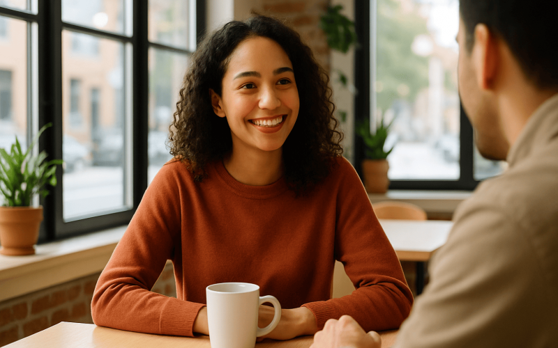 Person meeting a date at a café in a public setting, representing safe offline dating practices.