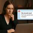 Person looking concerned at a laptop while reading a suspicious dating message, symbolizing online dating scams.”