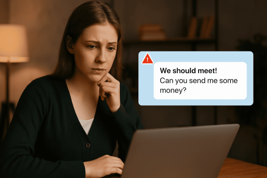 Person looking concerned at a laptop while reading a suspicious dating message, symbolizing online dating scams.”