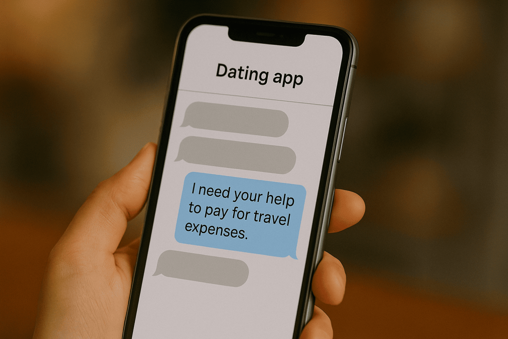Close-up of a dating app chat on a smartphone, showing suspicious red flag messages.