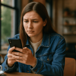 Person looking cautiously at their smartphone in a café, symbolizing vigilance against romance scams in 2025.