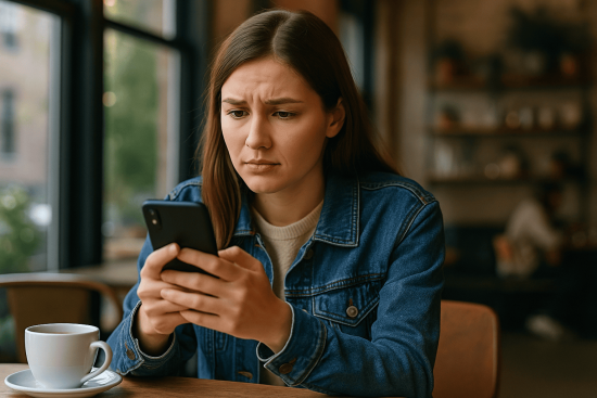 Person looking cautiously at their smartphone in a café, symbolizing vigilance against romance scams in 2025.