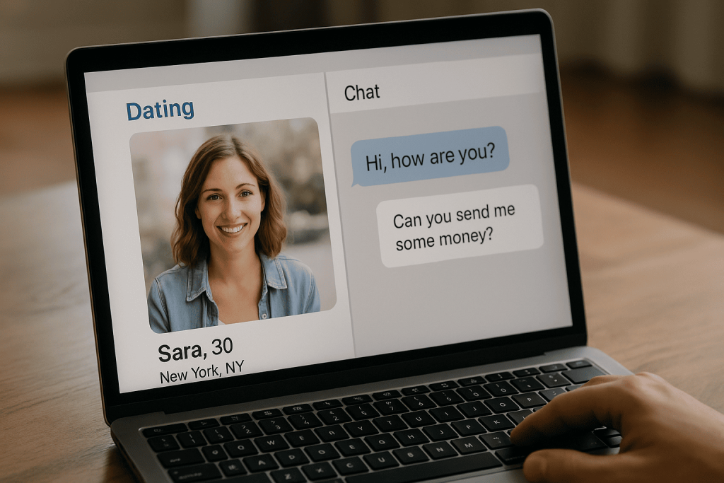 Laptop screen showing a dating app profile with a suspicious money request message, representing romance fraud red flags.