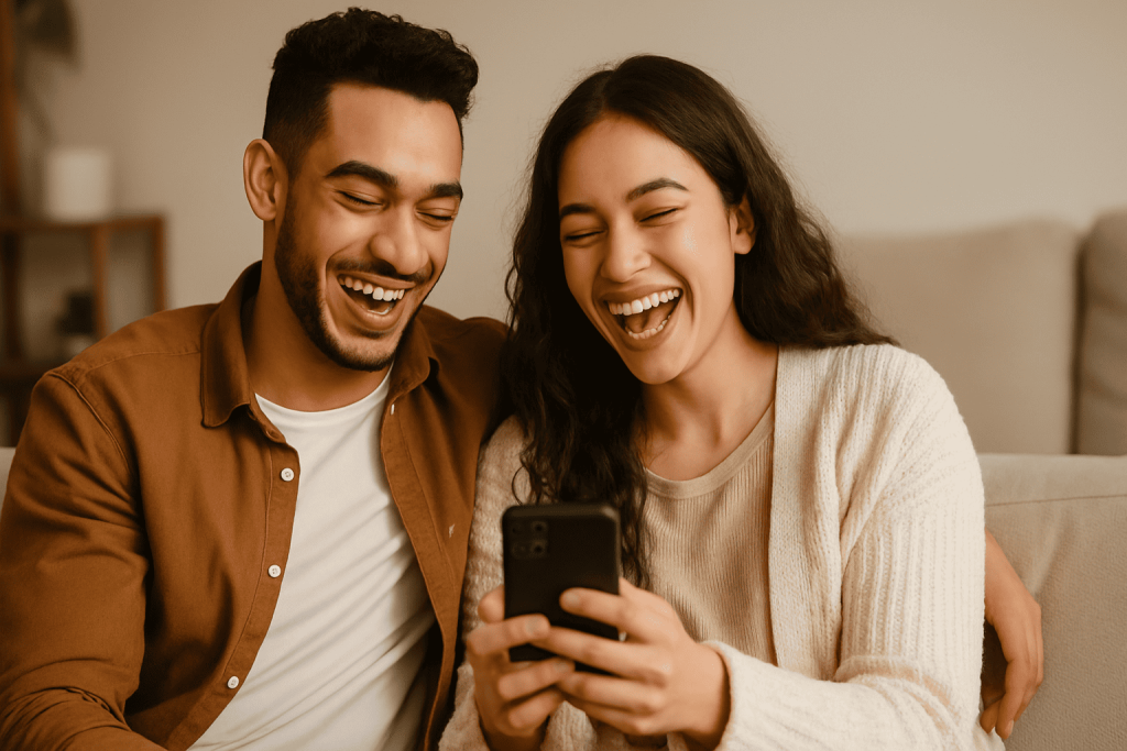 Couple watching TikTok videos together on a phone, representing how social media trends inspire dating.