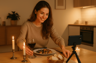 Person filming a cozy dinner setup, representing TikTok’s ‘Date With Me’ romance trend.