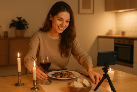 Person filming a cozy dinner setup, representing TikTok’s ‘Date With Me’ romance trend.