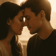 A couple sharing a tender moment, softly backlit by warm light, symbolizing intimacy and connection.