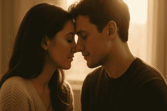 A couple sharing a tender moment, softly backlit by warm light, symbolizing intimacy and connection.